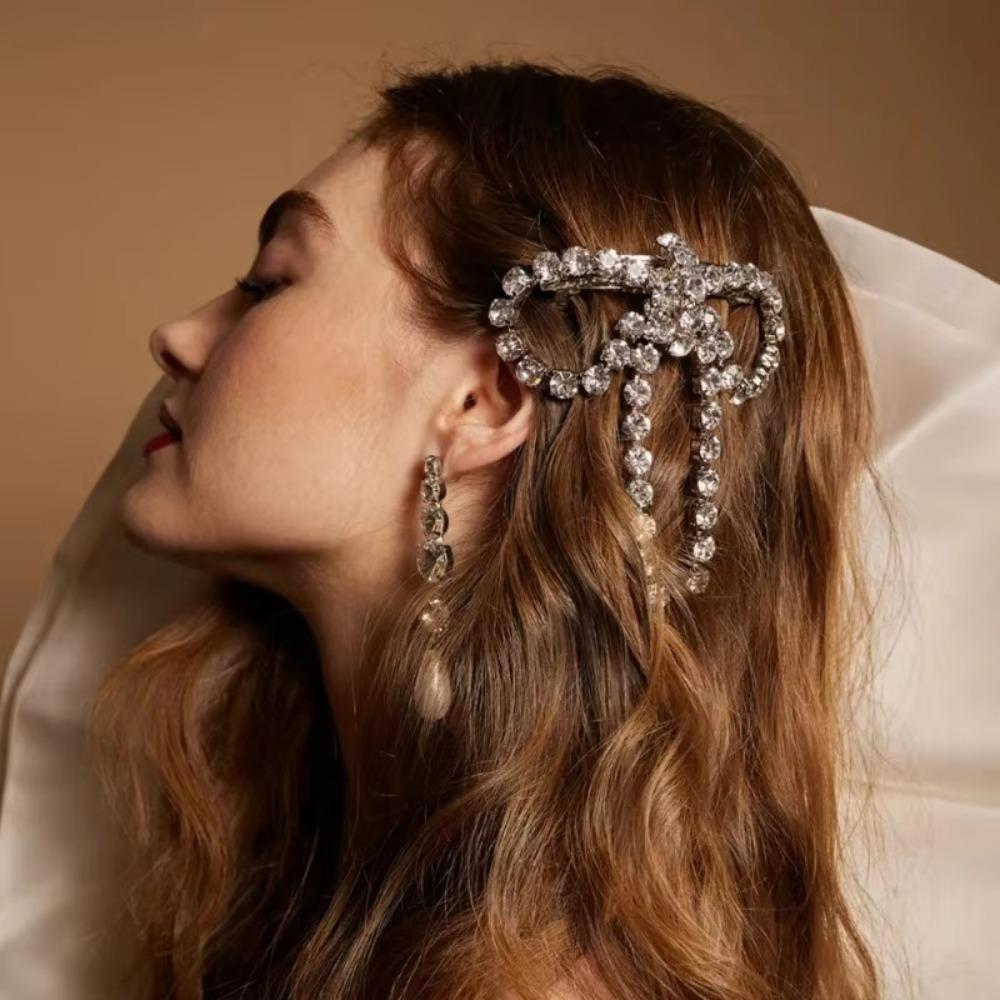 Elegant Rhinestone Bow Hairpins Shiny Tassel Spring Clip Sweet Ponytail Hair Clip  Party