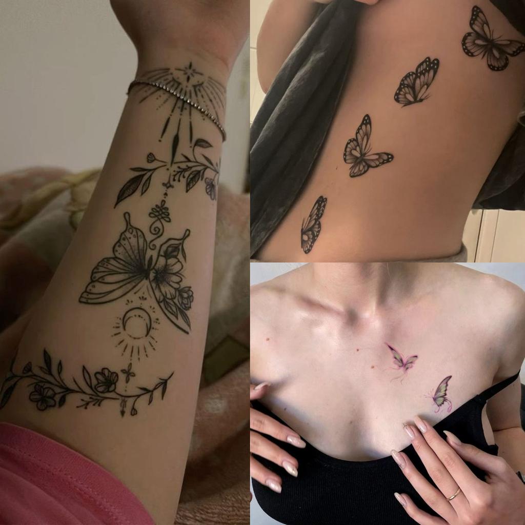 Simple Personality Spice Girl Three-Dimensional Butterfly Flower Wicker Collarbone Arm Tattoo Sticker