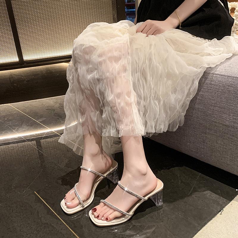 

One-word transparent crystal heel sandals 2025 summer new versatile simple outer wear rhinestone silver thick heel sandals 35
