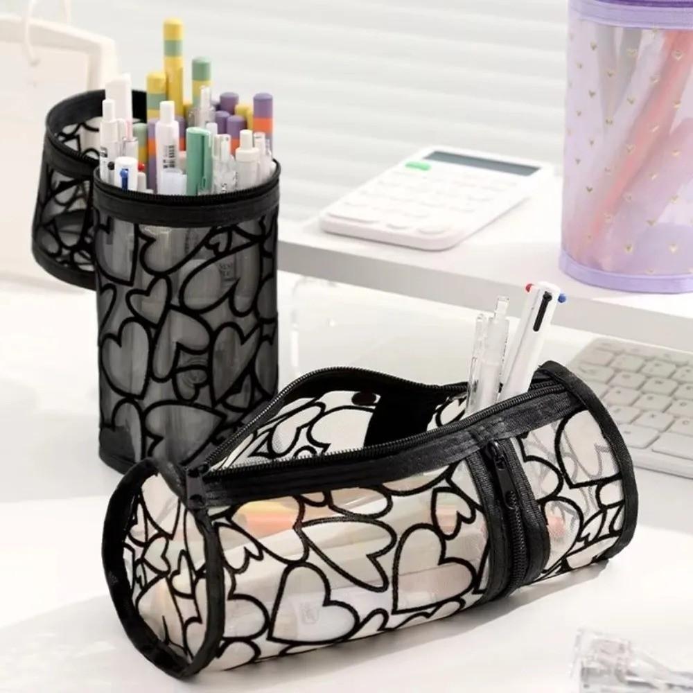 Mesh Mesh Pencil Case Love Heart Mesh Makeup Pouch Pencil Case Mesh Storage Bag  School Supply