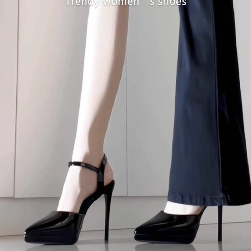 Women Pumps Sexy Stilettos Fashion Bowknot Pointed Toe Thin Ankle Strap Flock Ladies High Heels Female BLACK Wedding Shoes