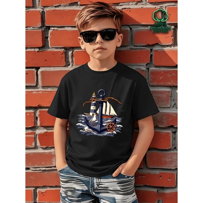 European Sizes Boys' Casual Fashion Short Sleeve T-Shirt, Anchor Lighthouse Ship Pattern Comfortable Spring Summer Daily Short Sleeve Tee