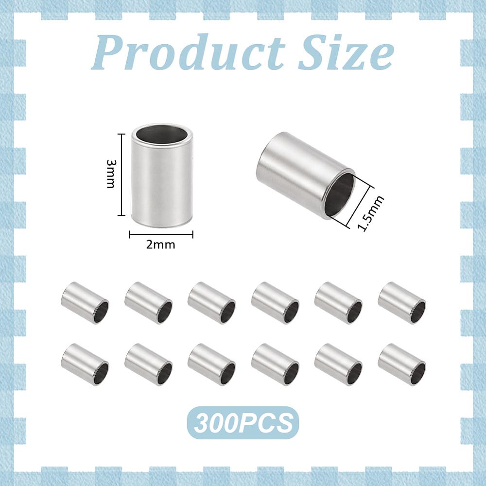 300Pcs 201 Stainless Steel Crimp Beads, Column, Stainless Steel Color, 3x2mm, Hole: 1.5mm
