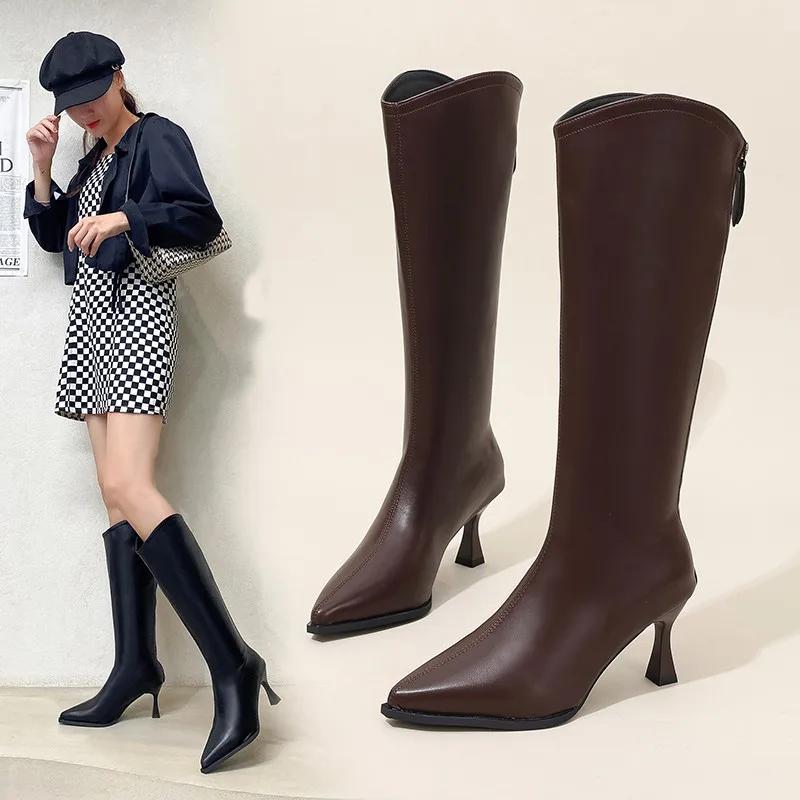 New Style Women Pointed Toe High Boots Sexy Leather High Heels Shoes Woman Trend Elegant Luxury Boots Pumps Stilettos Boots