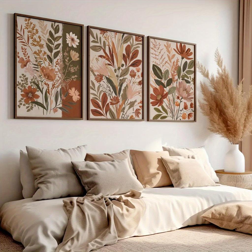 3pcs/set Retro Ground Tone Plant Sage Green Art Canvas Print Bohemian Flower Wall Art Poster for Modern Spring Summer Home Decor