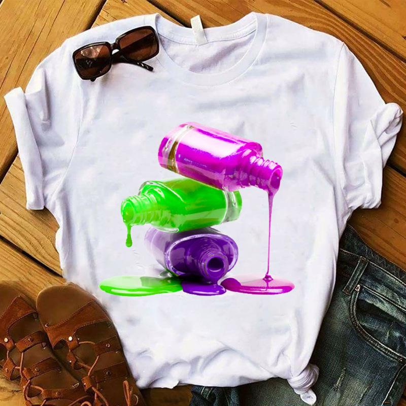 

Korean Fashion Casual 3D Color Nail Polish Print Women T-Shirt White Round Neck Short Sleeve Summer Blouses Kpop Ladies Tops Y2K XXXL білий