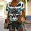 Women Print V Neck Short Sleeve Casual Loose Tunic Tops