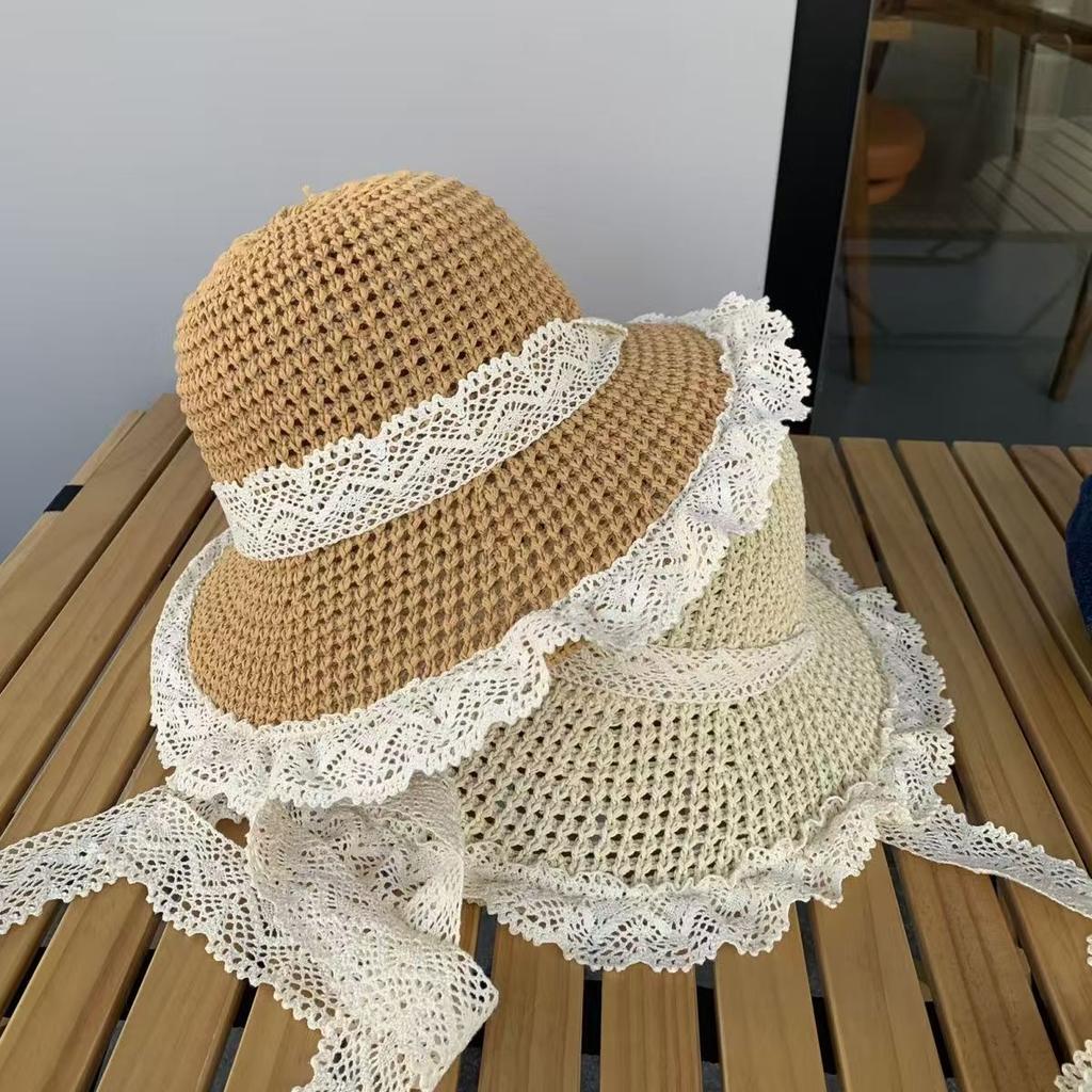 Rural Style, Tied with Ribbons, Sun Hat, Women's, Summer Seaside, Beach Vacation Style, Hollowed Out Large Brim, Sun Hat