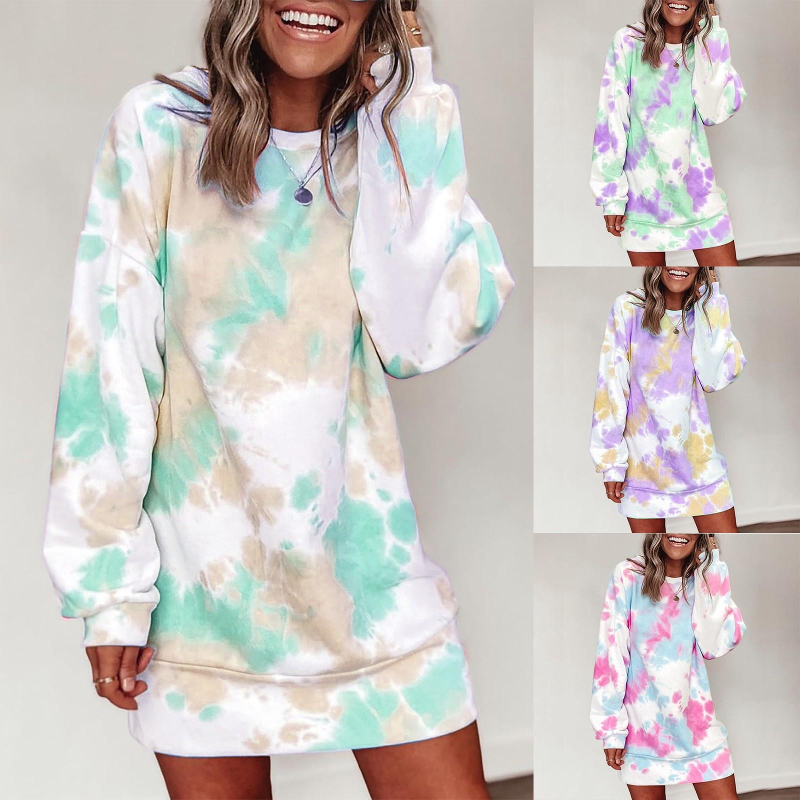 

Модное женское повседневное свободное сексуальное платье с длинным рукавом и круглым вырезом с принтом тай-дай