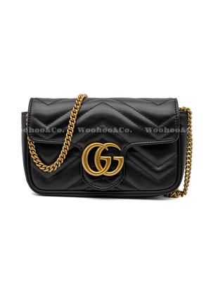 Borsa a Spalla Singola Messenger Gg Marmont Oro Retro Logo Doppia G con Portachiavi Pelle Cucita a Forma di V e Vacchetta Mini Ultra Donna Nera