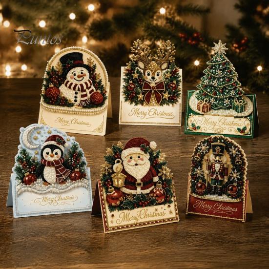 DIY Christmas Card Kit Kit, 3D Pop-Up Faux Pearl Art Snowman Santa Elk Craft Kits Wreath Card, Handmade Xmas for Family And Friends Holiday