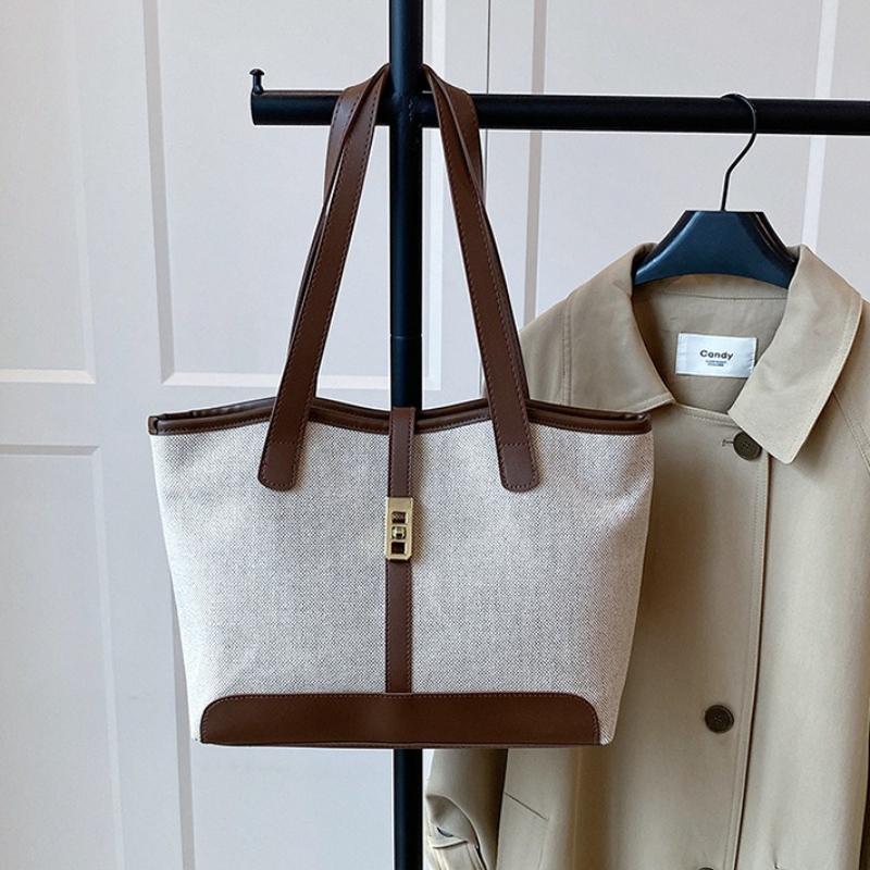 Minimalist Large Capacity Canvas Tote Bag with Brown Faux Leather Gold Turn Lock Detail Spacious Shoulder Purse for Daily Use