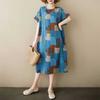 Summer Thin Cotton and Linen Retro Flower Art Knee Length Dress with Feminine Temperament