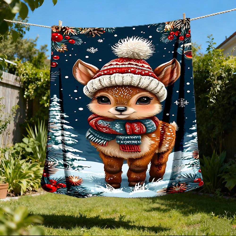

1pc Winter Wonderland Deer Outdoor Flannel Blanket , Machine Washable Perfect Gift for Birthday , Holiday Travel Accessory , Durable Material 80x120cm
