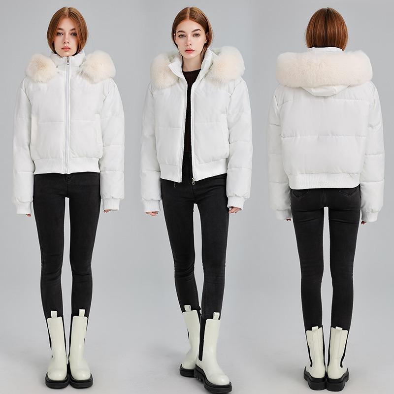 High waist big fur collar hooded short cotton jacket women's autumn and winter new down cotton jacket thin jacket