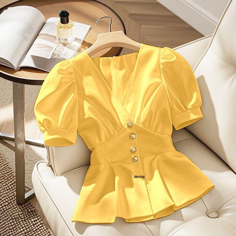 Chic Blue French Niche Short-Sleeve Blouse - Stylish Women's Outerwear for Summer 2026