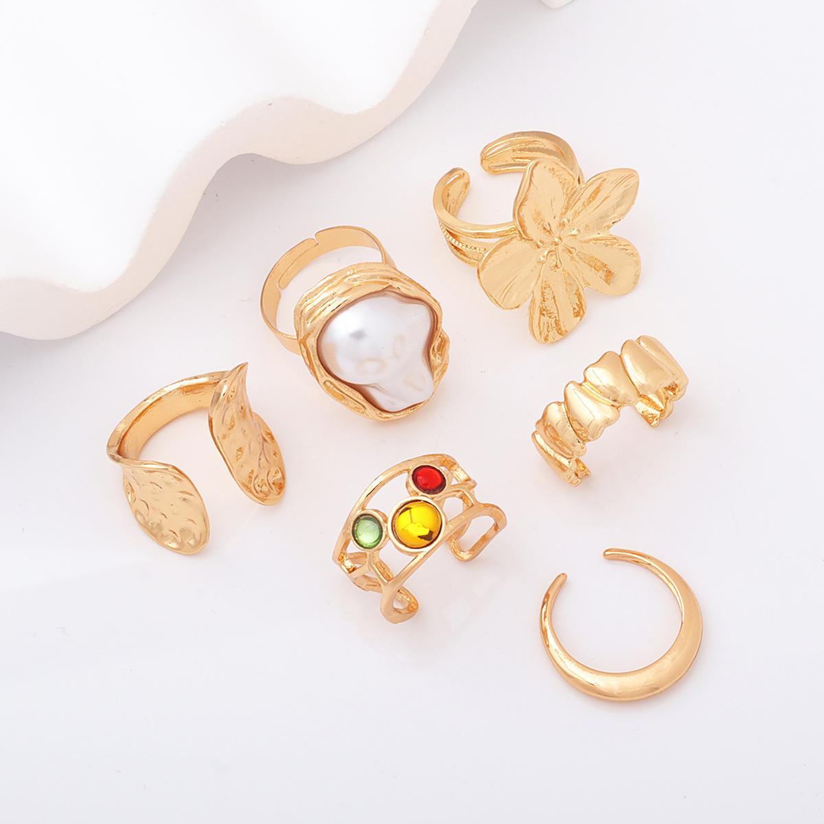 

6pcs Set Personality Trend Liquid Metal Lava Flower Baroque Imitation Pearl Zircon Opening Rings for Women Zircon Sets Gifts resizable