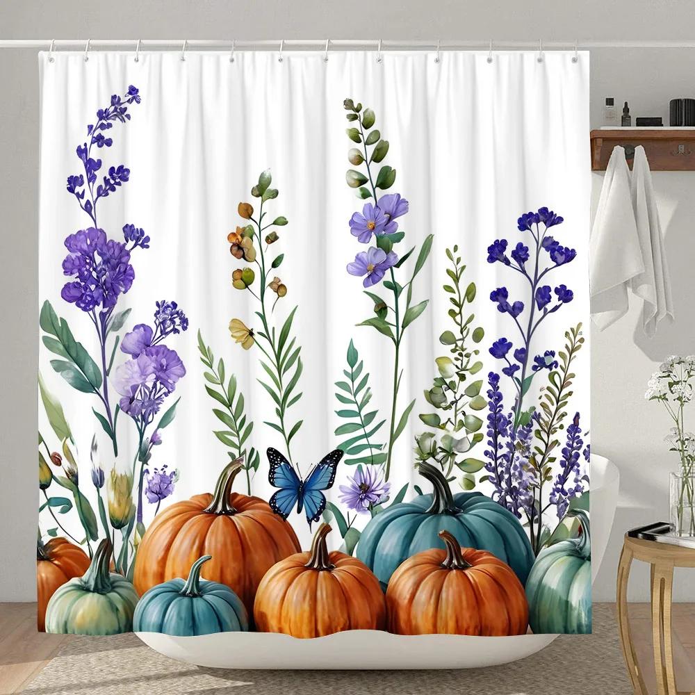 Sunflower Pumpkin Shower Curtain Thanksgiving Rustic Farm Barn Elf Cute Dog Polyester Shower Curtains Bathroom Decor with Hook