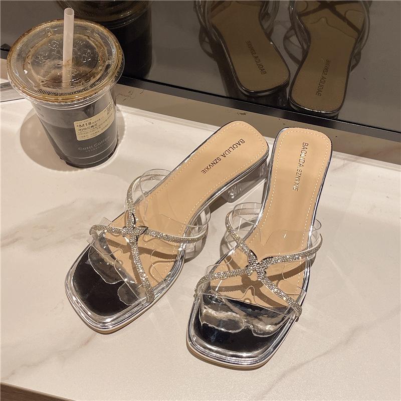 

Slippers women s new summer outer wear crystal and 2025 transparent rhinestones with skirt leisurely cool slippers 40 серебряный