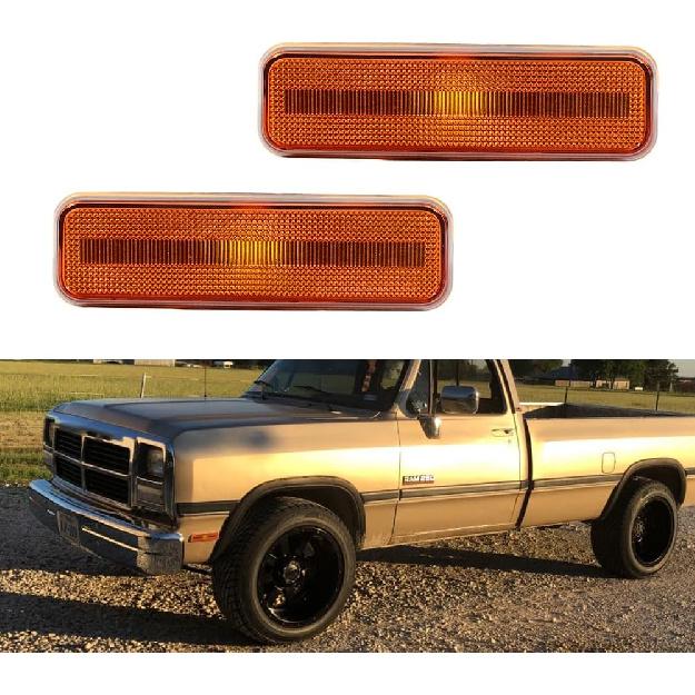 

For 1971-1993 Dogde RAM charger D100 D150 D250 D350 Plymouth Pickup Truck Front Bumper side Marker Lights Clear Lens White Led Lamps Amber housing