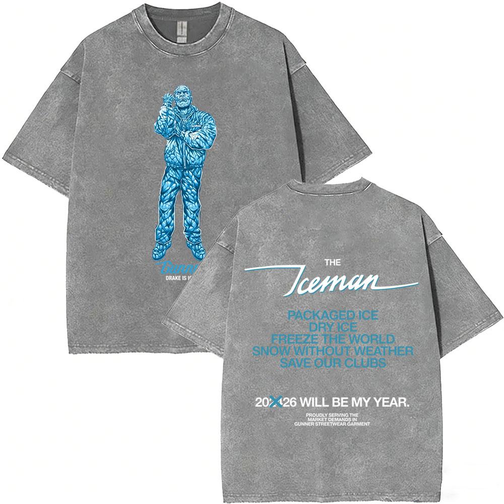 Gewaschenes Vintage Rapper Drake ICEMAN Freeze The World 2026 T-Shirt Herren Damen Mode Hip Hop Übergroße T-Shirts Herren Streetwear