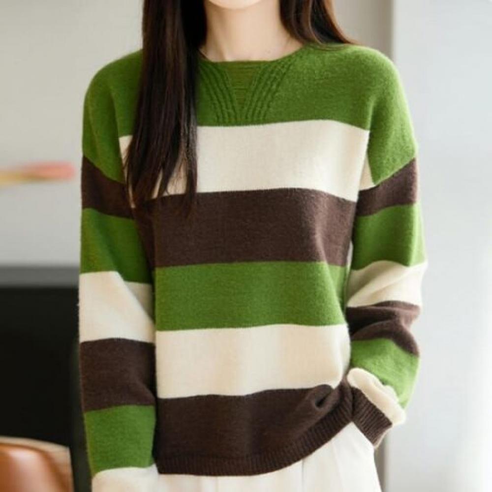 Navava Women Striped Colorblock Long Sleeve Knit Top Nk3529