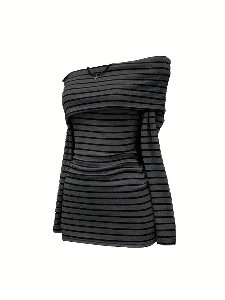 European and American Striped Slim-Fit Dress, Waist-Cinching Short Bodycon with Long Sleeves