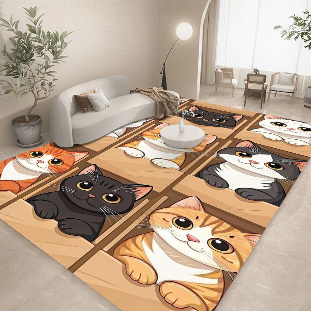 Cartoon Cat Pattern Carpet Mat Rug - Kawaii Cute Kitten Design Soft Non-slip Floor Mat for Kids Room Living Room Home Decoration