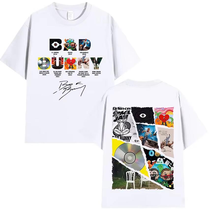 Rapper Bad Bunnys 2025 Tour Album Printed Tshirt for Unisex Casual and Fashionable Cotton Shortsleeved Women Summer T Shirt
