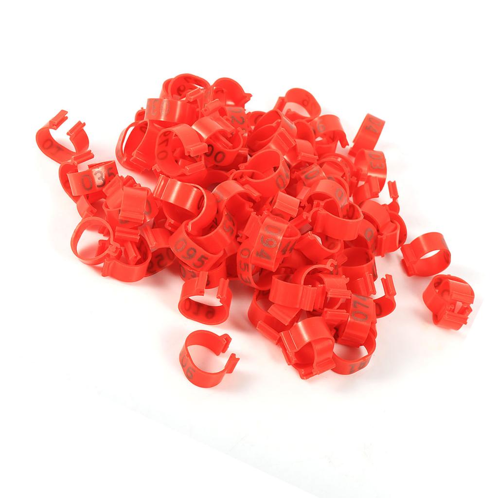 100PCS Bag 16MM 001 100 Numbered Plastic Poultry Chickens Ducks Goose Leg Bands Rings(Red)