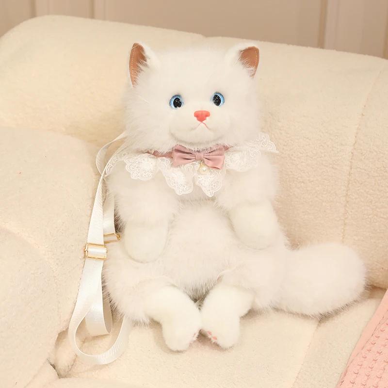 Adorable Realistic Ragdoll Cat Plush Backpack Soft Fluffy White Black Cat Shoulder Bag With Adjustable Strap Cute Cat Bag