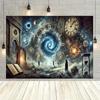 2D plane 1 mysterious time-travel background banner cosmic clock ancient ruins and celestial planets