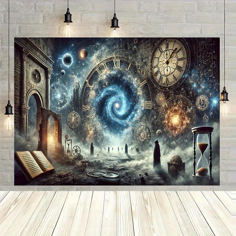 2D plane 1 mysterious time-travel background banner cosmic clock ancient ruins and celestial planets