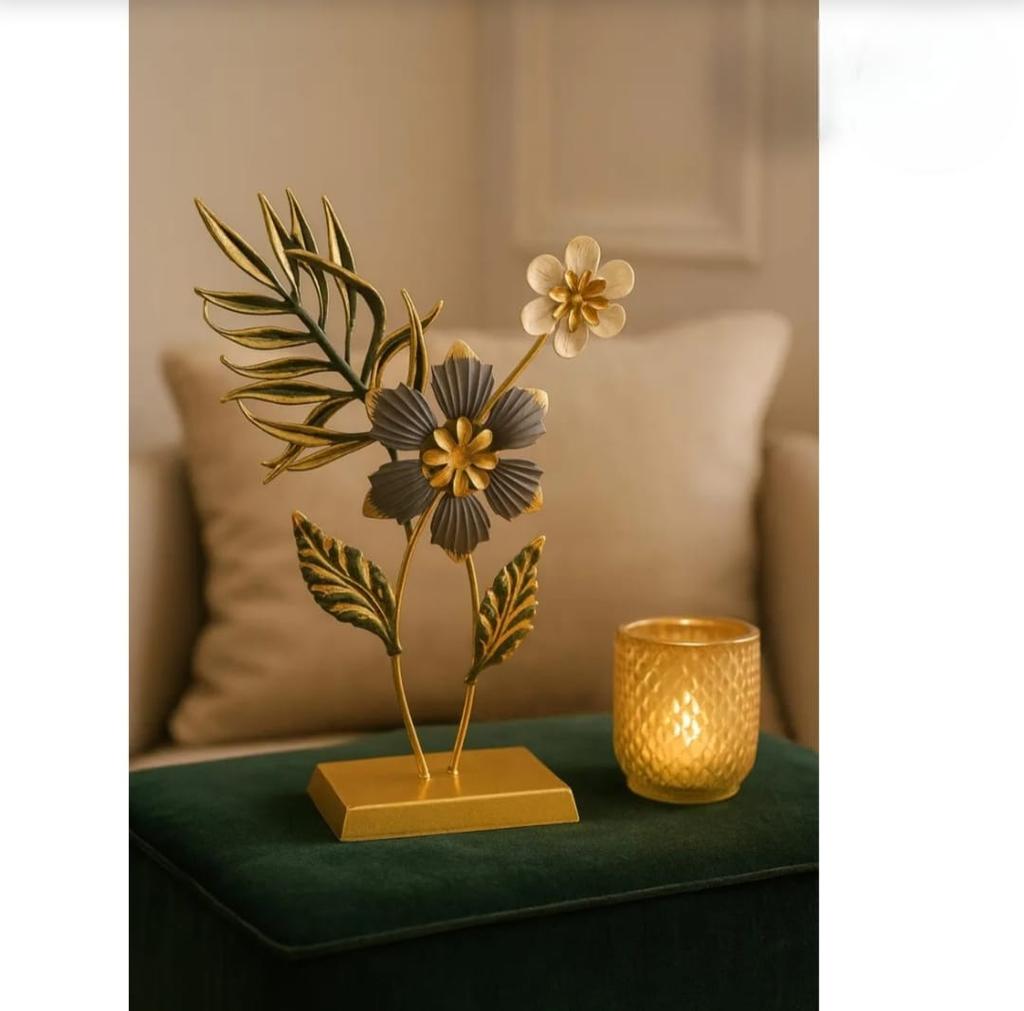 Metal Floral Table Decor Gold & Grey Flower Sculpture Modern Flower Centerpiece Elegant Home Decor Accent Desk Shelf, Living Room Decoration