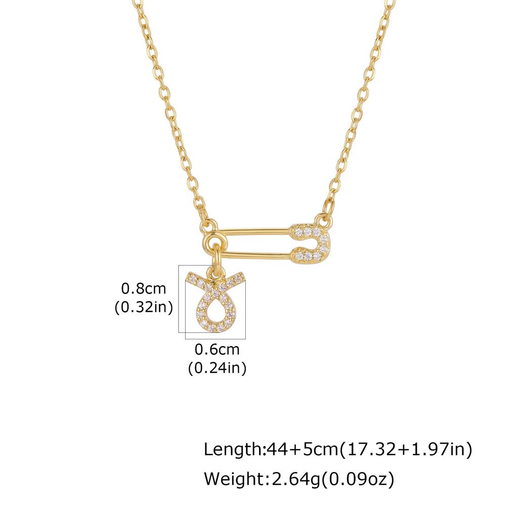 Zodiac Necklace Gold Plated Stainless Steel Chain Safety Pin 12 Constellation Horoscope Pave CZ Pendant Waterproof