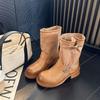 Retro imitation leather splicing canvas medium tube cycling boots women's metal buckle thick heel stacking boots fashion versatile fashion boots