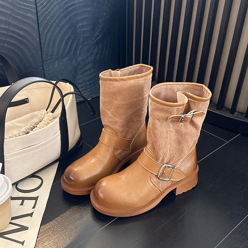 Retro imitation leather splicing canvas medium tube cycling boots women's metal buckle thick heel stacking boots fashion versatile fashion boots