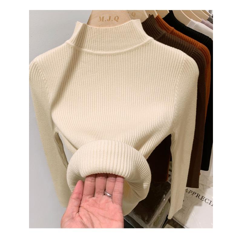 Fashion Women Knitted Bottoming Turtleneck Sweater Autumn Winter Long Sleeve Half High Collar Casual Simple Pullover Shirt Slim Fit Basic Thin Top