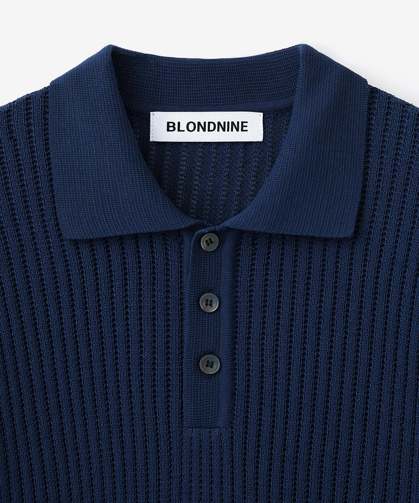 BLOND9 Cotton Rib Collar Short Sleeve Knit_Navy