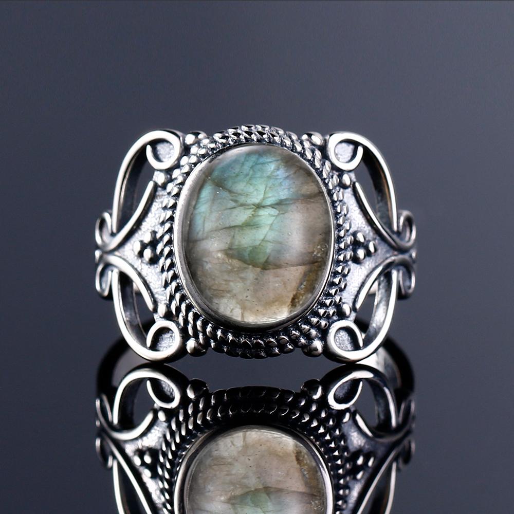 CopperRing for Women Oval Round Natural Labradorite Ring Gift Sun Shaped Retro Luxury Fine Jewelry