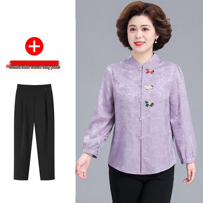 Elegant Spring 2026 Wedding Set: Stylish, Long-Sleeved Blouse for Mothers and Mother-in-Laws - Perfect for Middle-aged and Elderly Women
