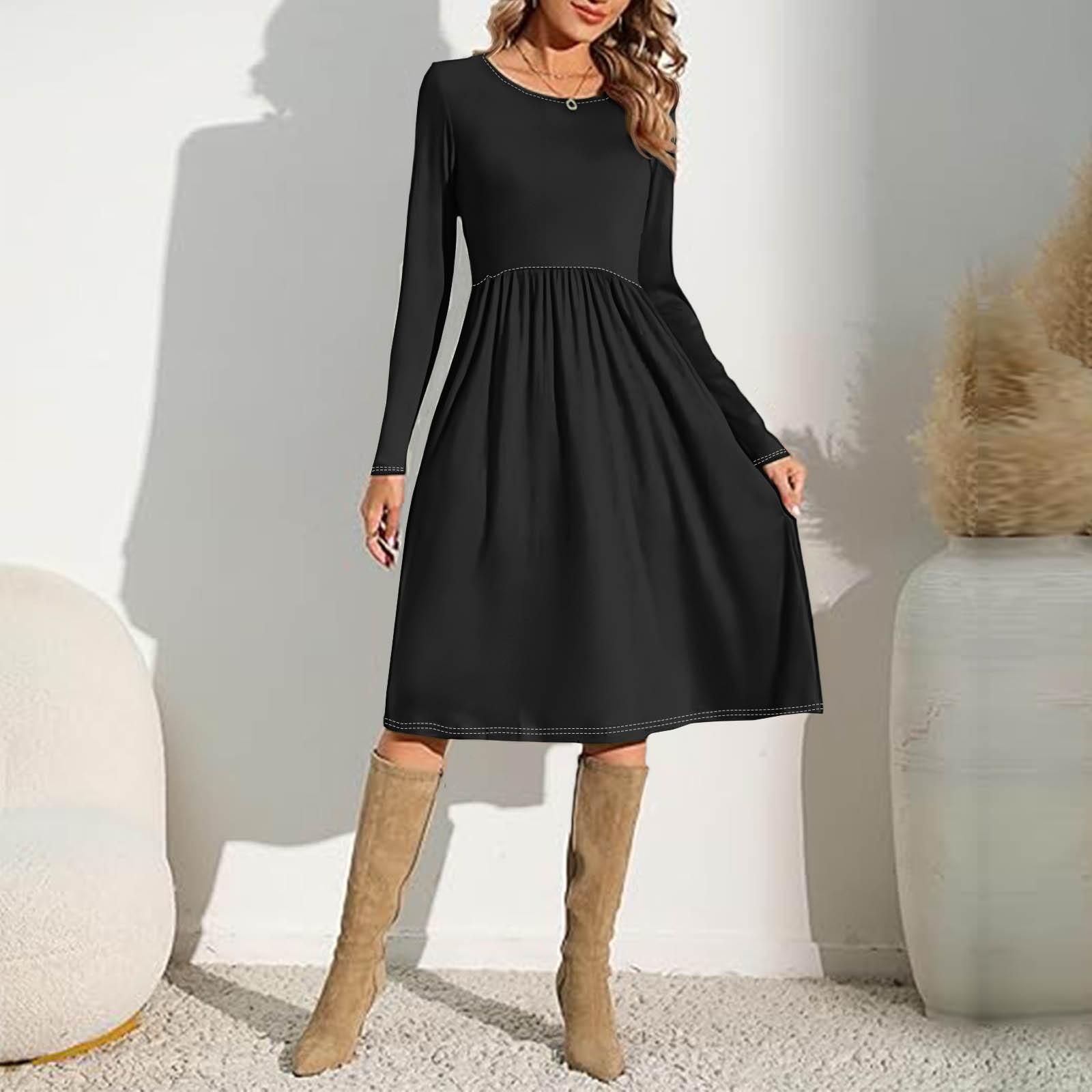 

Женские однотонные повседневные платья с карманами на весну с круглым вырезом и длинными рукавами S