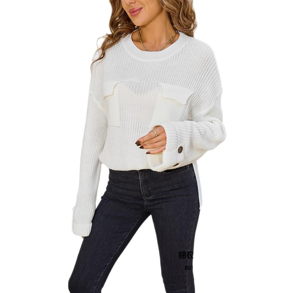 

A New Solid-color Round-neck Loose, Large-sized, Laid-back Knitted Sweater with Pocket and Long-sleeved Top for Autumn and Winter S білий