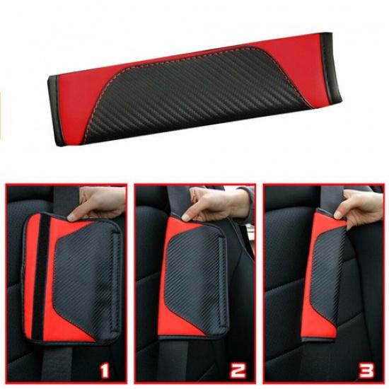 Carbon Fiber Car Seat Belt Pad Cover Protect Cushion Shoulder guard black+red