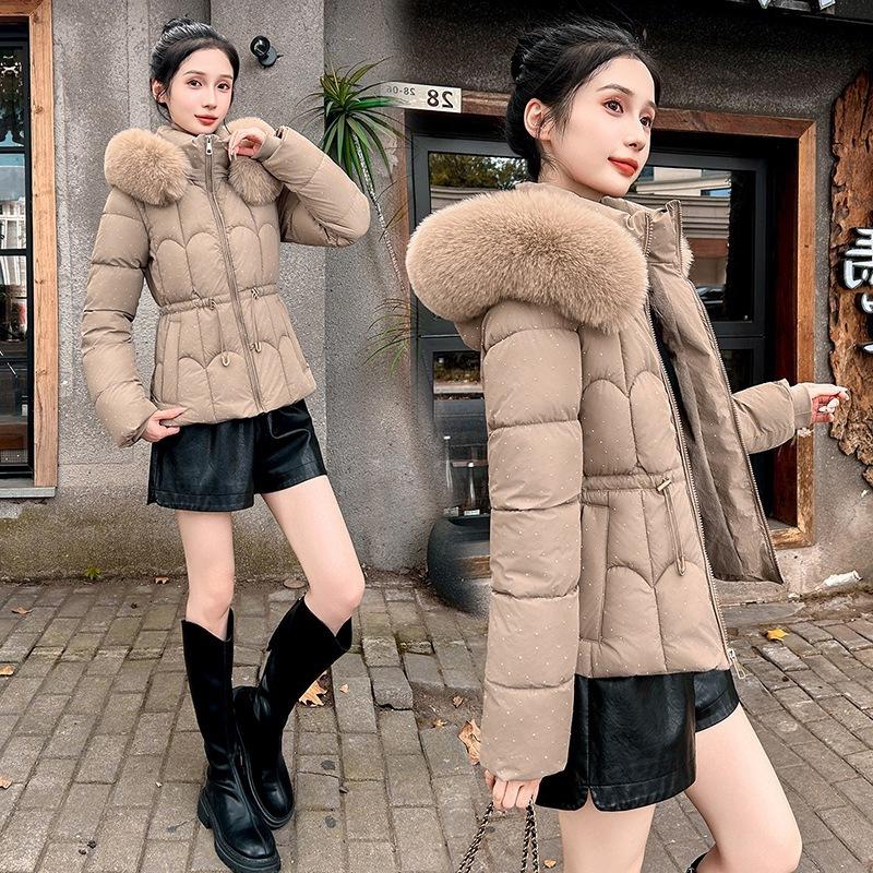 Sparkling down cotton-padded clothes women's winter big fur collar waist thin cotton-padded clothes jacket foreign style short small cotton-padd