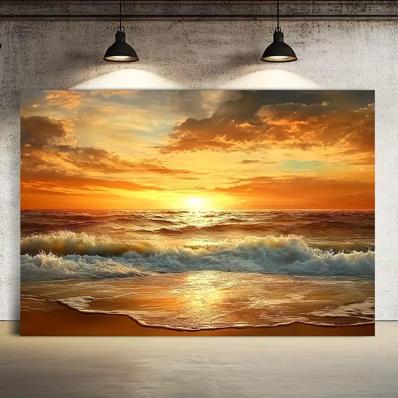 2D Ocean Sunset Tapestry Golden Hour Waves and Sandy Shore Wall Decor 47.2x31.5inch/120*80cm