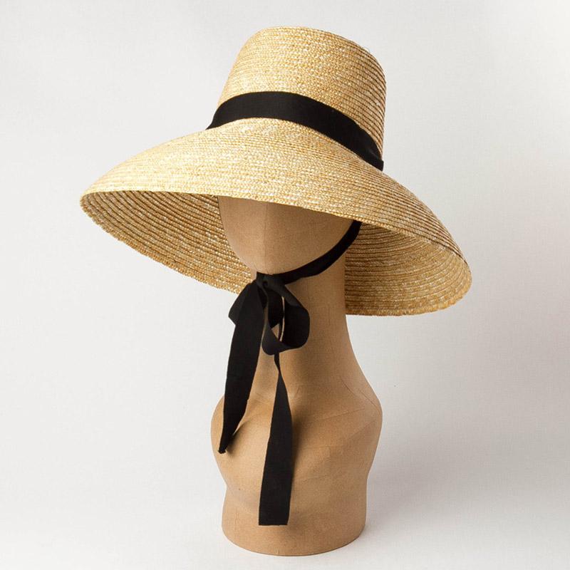 Women Summer Big Floppy Hat Wheat Straw Hat with Black White Ribbon Lace Tie 15cm Wide Brim Sun Hat UV Protection Beach Cap