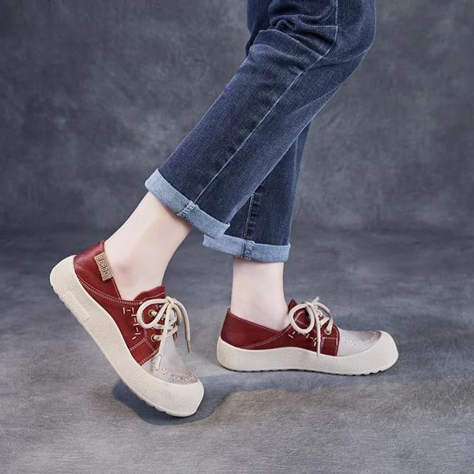 Johnature Dámské boty z pravé kůže, mix barev, kulatá špička, šněrovací, s měkkou podrážkou, ploché boty