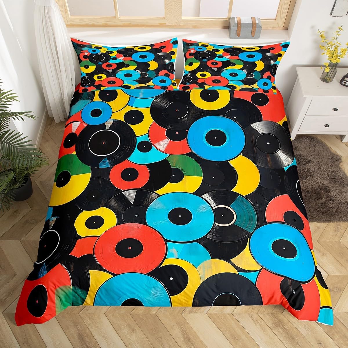 

80S 90S Comforter Cover Full Vintage Cassette Tape Vinyl Record Memphis Bedding Set Hippie Music Duvet Cover Geometric Bed Set EU Single(135x200cm)