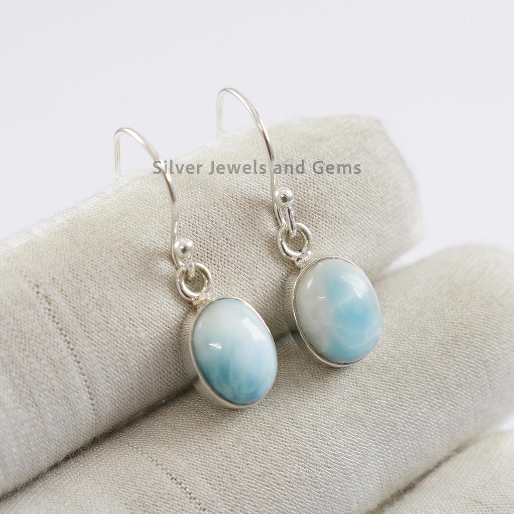 Natural Oval Larimar Earrings, 925 Sterling Silver, Dainty Earring